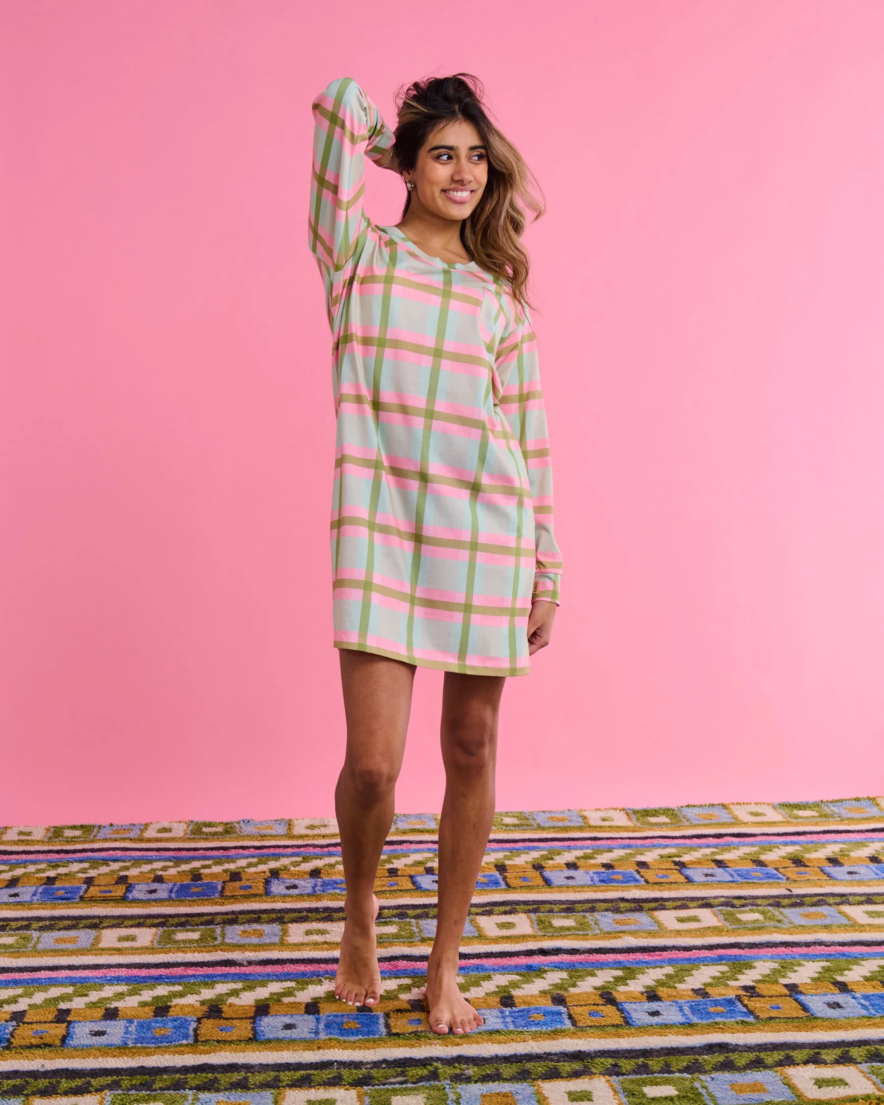 Pistachio Tartan Organic Cotton Long Sleeve Nightie
