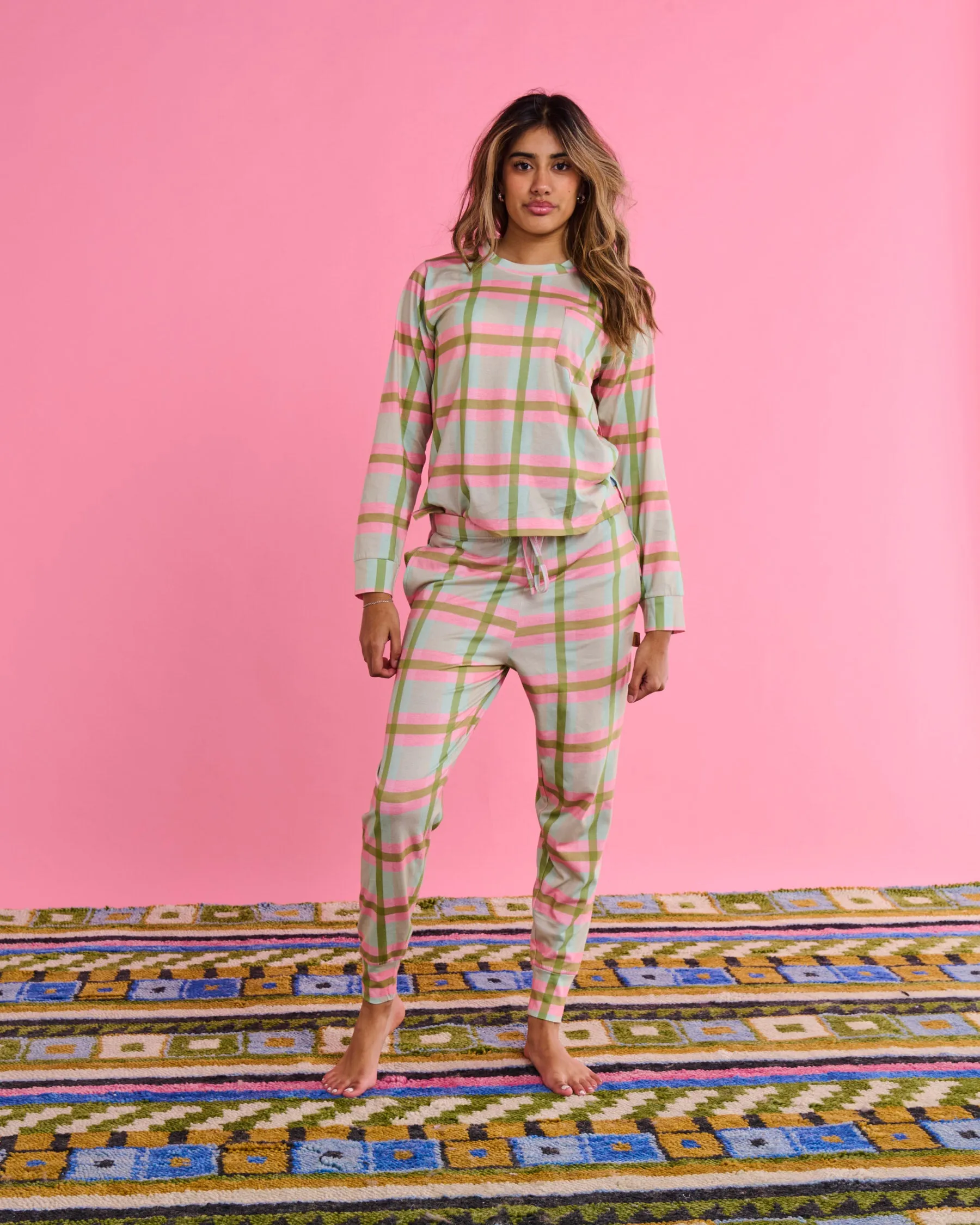 Pistachio Tartan Organic Cotton Long Sleeve Pyjama Top & Slouch Pant Set
