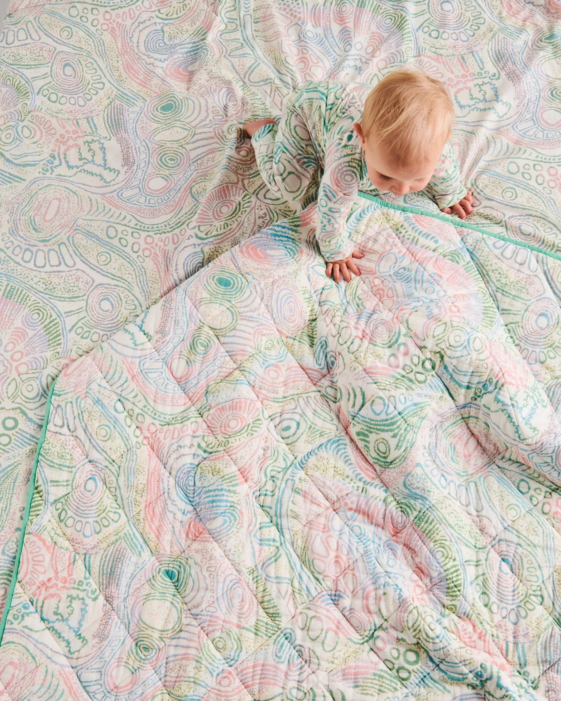 Tjala Tjukurpa Pastel Organic Cotton Quilted Cot Bedspread