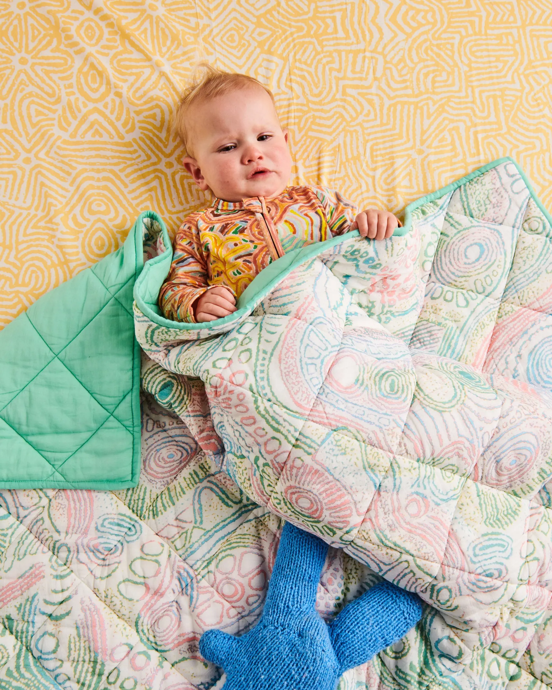 Tjala Tjukurpa Pastel Organic Cotton Quilted Cot Bedspread